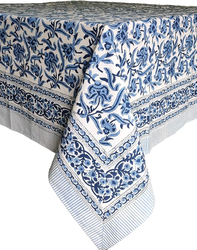 ATOSII Midnight Bloom 100% Cotton Spring Summer Tablecloth, Hand Block Print Rectangle Table Cover for Kitchen Dining Linen I Parties, Outdoors, Wedding, Easter I 72 X 140 Inches I 12 Seater