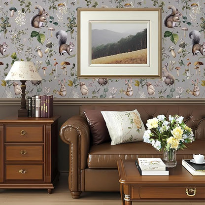 Whimsical Peel and Stick Floral Animal Contact Paper Squirrel Rabbit Removable Botanical Leaf Wallpaper 17.7" x 118.11" Wall Paper Watercolor Self Adhesive for Classroom Bedroom laundry room bathroom