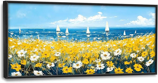 Coastal Flowers Large Wall Art Framed Blue Wall Decor for Living Room Ocean Sailboat Pictures Oversized Canvas Print Painting Modern Extra Large Framed Artwork for Bedroom Office 60"x30"