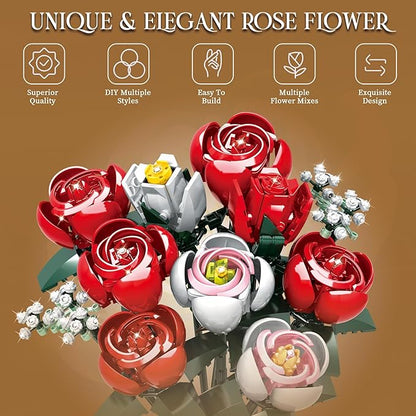 OKKIDY Roses Flowers Bouquet Building Set for Adults with Vase, Red Rose Artificial Flower Botanical Collection Plant Toy Kit, for Her Women Wife Mom, Home Decor(841PCS)
