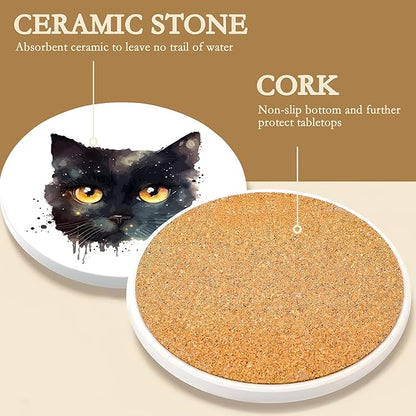 Drink Coasters with Holder,6 Pcs Black Cat Moon Coffee Cup Mat with Storage Holder, Durable Ceramic Coaster Set for Hot & Cold Beverages