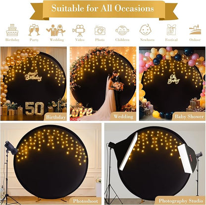 6.6 FT Black Round Backdrop Cover with Lights String for Circle Arch Stand Circle Backdrop Covers with LED Fairy Lights for Wedding Arch Baby Shower Birthday Party Photo Shoot Photography Background