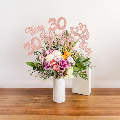 Gyufise 15Pcs 30th Birthday Centerpiece Sticks Thirty Happy 30th Table Flower Centerpieces Sticks Cheers to 30 Floral Decorations for 30th Birthday Party Centerpieces Supplies Rose Gold