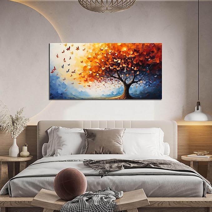 ANCXWOTER Butterfly Tree Canvas Wall Art for Living Room Bedroom Home Office Orange and Blue Colorful Butterfly Picture Tree of Life Wall Art Large Modern Canvas Prints 24x48 In