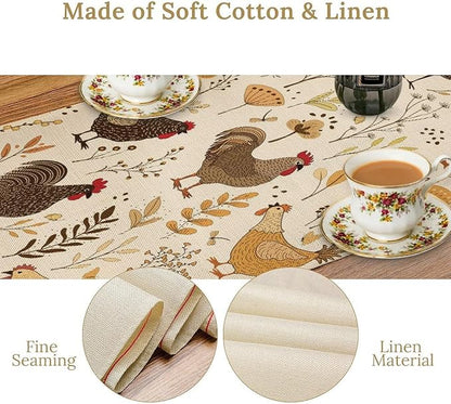 Farmhouse Rooster Table Runner, Rustic Farm Animals Cute Cartoon Chicken Floral Dinner Runner for Farmhouse Home Kitchen Dinner Table Holiday Party Decoration 13x108in