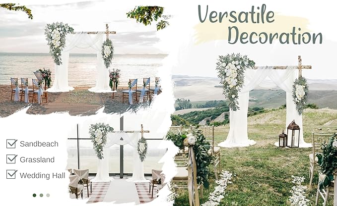 Wedding Arch Flowers with Drapes Kit (Pack of 4) - 2pcs Artificial Ivory & White Deluxe Swag with 2pcs Sheer Drapes for Wedding Ceremony Arbor Reception Backdrop Rose Floral Decoration