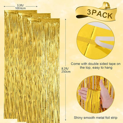 3 Pack 3.3x8.2 Feet Gold Foil Fringe Backdrop Curtains, Tinsel Streamers, Fringe Backdrop for 2025 New Years Eve, Graduation, Birthday, Baby Shower, Gender Reveal, Disco Party