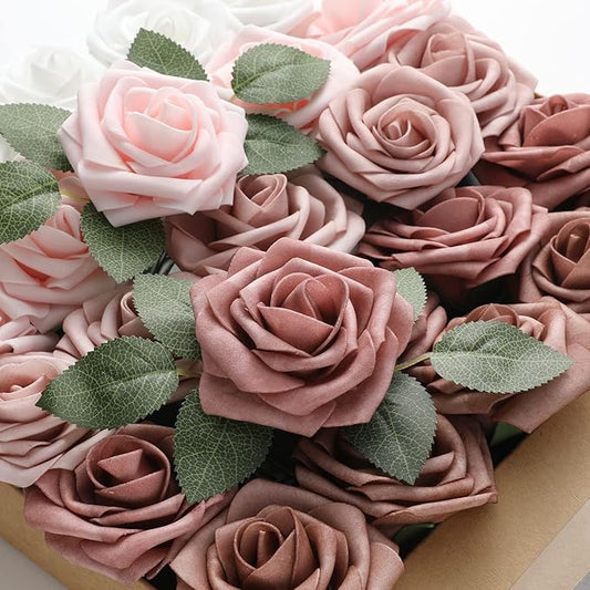 DerBlue 60pcs Artificial Roses Flowers Real Looking Fake Roses Artificial Foam Roses Decoration DIY for Wedding,Arrangements Party Home Decorations (Shades of Dusty, 60pcs Regular 3")