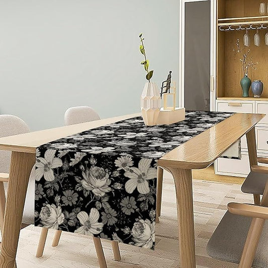 Black Floral Table Runner, Abstract Vintage Black White Floral Plants Leaves Boho Dark Gothic Garden Table Runner for Indoor Outdoor Party Wedding Decor, 13x108inch