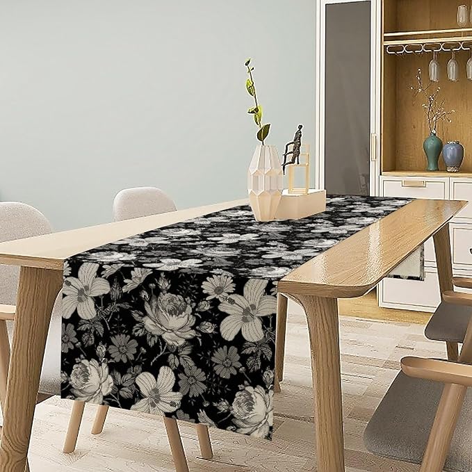Black Floral Table Runner, Abstract Vintage Black White Floral Plants Leaves Boho Dark Gothic Garden Table Runner for Indoor Outdoor Party Wedding Decor, 13x70inch