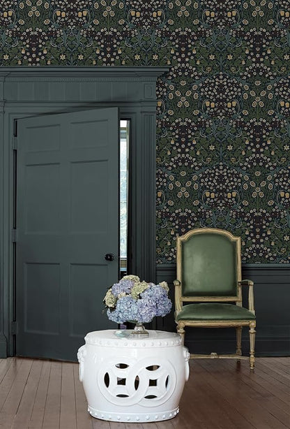 NextWall Seabrook Designs Victorian Garden Floral Vintage Prepasted Wallpaper (Midnight Blue & Evergreen)