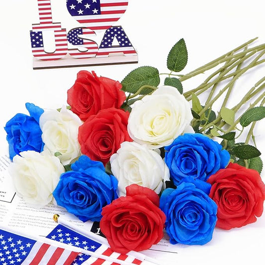 Waipfaru 16 Pcs Memorial Day Flowers for Cemetery Grave, Red White and Blue Flowers, Fake Roses Artificial Flowers 4th of July Independence Day Patriotic Decor