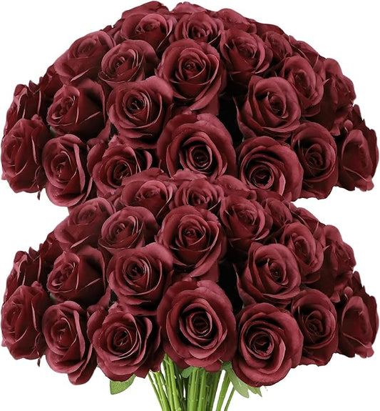 Artificial Rose Flower Artificial Flowers Flower with Long Stem Silk Roses Bouquet for Wedding Bridal Shower Party Home Decoration (Burgundy, 50 Pcs)