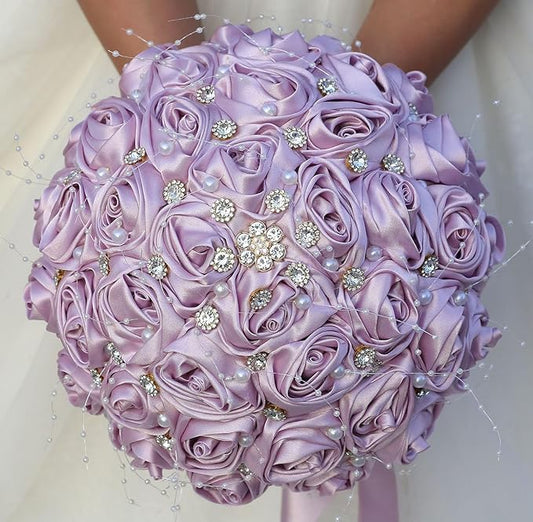 Bridal Wedding Bouquet Round Bling Brooch Bouquet Throw Toss Artificial Rose Flower Bunch for Bride Bridesmaid Wedding Quinceanera(Light Taro Purple, 6.3")