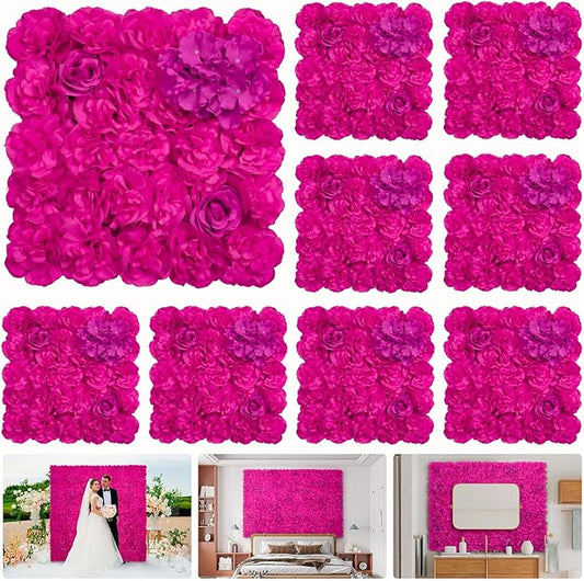 Artificial Flower Wall Backdrop 9 PCs of 16.5x16.5 Inch Floral Wall Panels 3D Silk Rose Wall Decor for Weddind Stage Party Photo Background Home Decoration-Barbie Pink