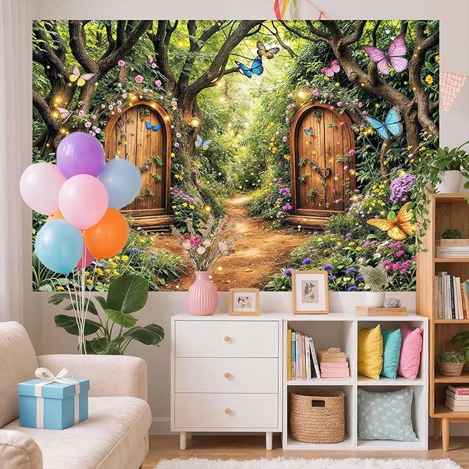 5X3ft Enchanted Forest Backdrop Fairy Tale Green Enchanted Garden Wonderland Floral Butterfly Photography Background for Kids Girl Baby Shower Birthday Party Decoration Banner Booth Props