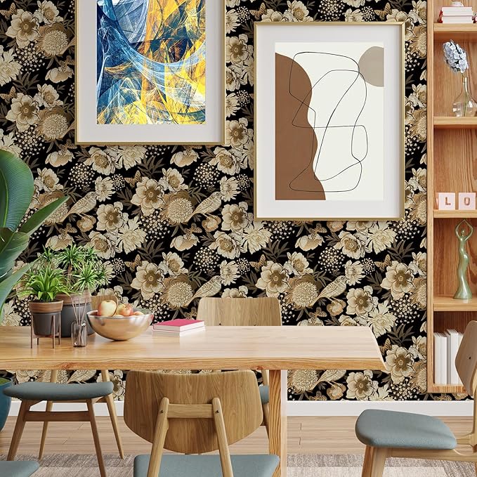 Floral & Birds Peel and Stick Wallpaper Antique Gold Black Self Adhesive Removable Floral Wallpaper for Bedroom Renter Friendly Floral Contact Paper for Bedroom Bathroom Walls Shelf Liner 17.7"x236.2"