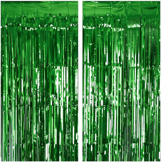 2 Pack Green Tinsel Curtain Party Backdrop, 3.2Ft x 8.2Ft Metallic Tinsel Foil Fringe Curtains Photo Booth Props Background for Christmas St Patrick’s Day Safari Tropical Bachelorette Decorations