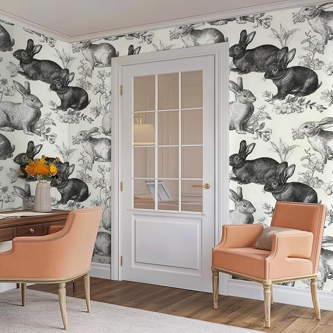 Floral Peel and Stick Vintage Animal Contact Paper Rabbit Removable Botanical Leaf Sketch Wallpaper 17.7" x 118.11" Wall Paper Self Adhesive for Classroom Bedroom Laundry Room Bathroom