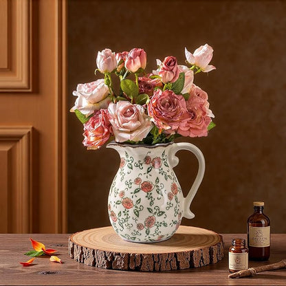 Green and Beige Vintage Vase with Handle,Red Rose Chinoiserie Vase,Farmhouse Antique Decorative Ceramic Vases for Home Decor,Bookshelf, Dining Table, Coffee Table,Mantel, Tuscan Decor (H8.05 Inch)