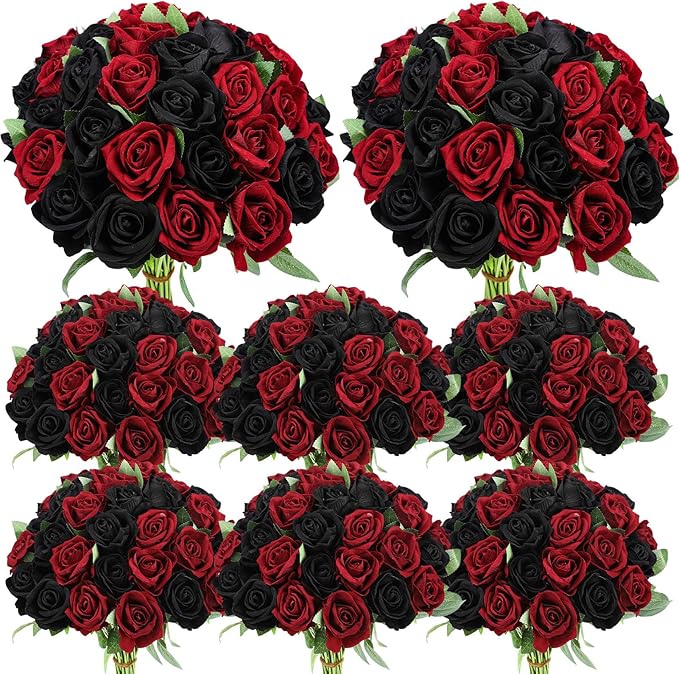 80 Pcs Roses Artificial Flowers, Silk Black & Red Artificial Flowers Petals Long Stem Roses for Wedding Bouquet Home Party Decor