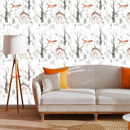 Forest Animals Peel & Stick Wallpaper - Self Adhesive Plants & Vintage Pattern - Removable Wallpaper for Bathroom - 17.71in X 118.1in