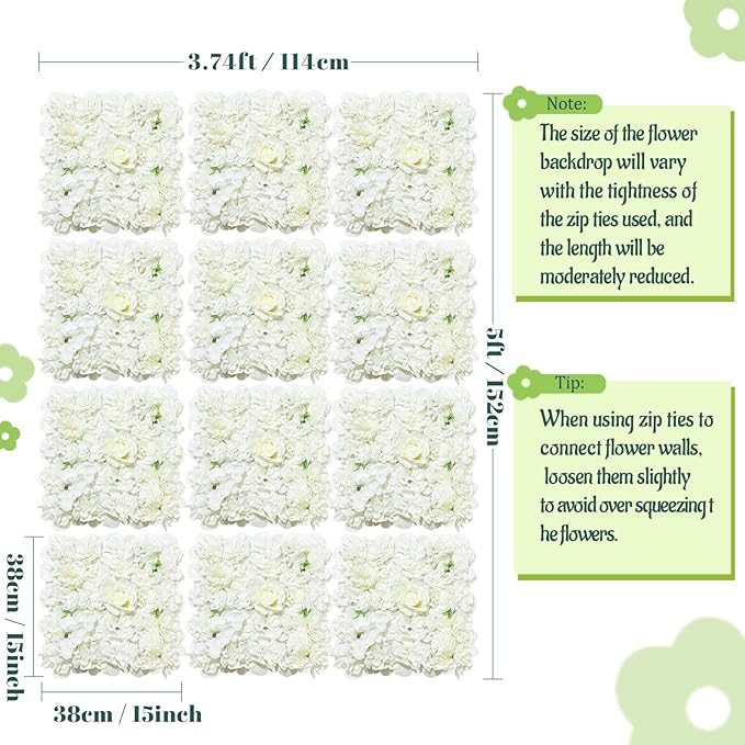 White Artificial Flower Wall Backdrop Panels 5ftx3.74ft White Fake Rose Wedding Backdrop 3D Floral Wall for Party Baby Shower Bridal Wedding Background Decor