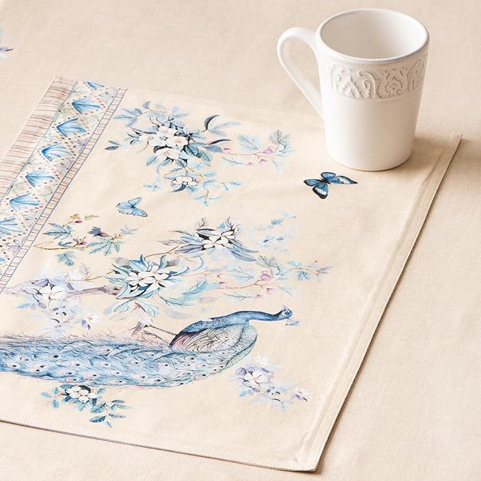 Maison d' Hermine Placemats 100% Combed Cotton Premium Set of 4 Decorative Table Cloth Placemat, Dining, Holidays, Buffet Party - Peacock Utopia - Sandy Beach (13 Inch x 19 Inch)