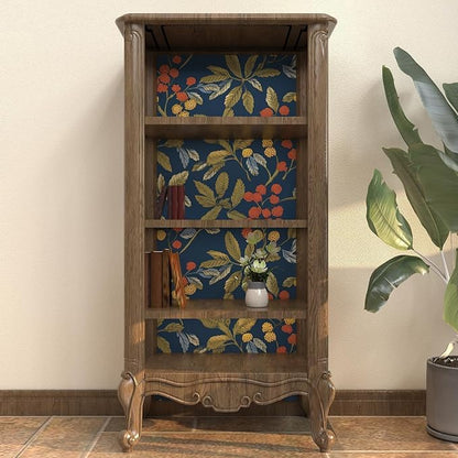 Vintage Wallpaper Peel and Stick, Navy Blue Floral Contact Paper 17.5" x 393.7", Dark Leaf Botanical Wall Paper Self Adhesive Waterproof Removable for Room Shelves Cabinet Drawer Table Decor