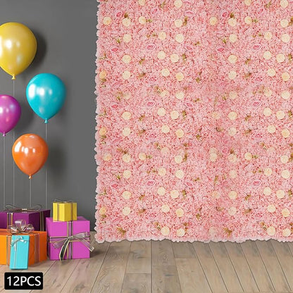 Eapmic 15"x 15" Artificial Flower Wall Panels,Flower Wall Mat Silk Flower Panels for Outdoor Garden Backyard Fence Fence Privacy Screen and Indoor Wall Decor(12Pcs Pink+Champagne)