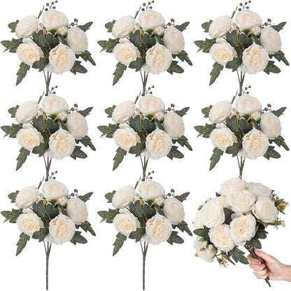 8 Bundles Artificial Peonies Flowers Boho Faux Flowers Arrangements Artificial Centerpiece Spring Bouquet Floral Wedding Decoration for Vase(Milk White)