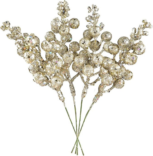 DearHouse 14 Pack Christmas Glitter Berries Stems, 7.7 Inch Champagne Artificial Christmas Picks for Christmas Tree Ornaments, DIY Xmas Wreath, Crafts, Holiday and Home Decor