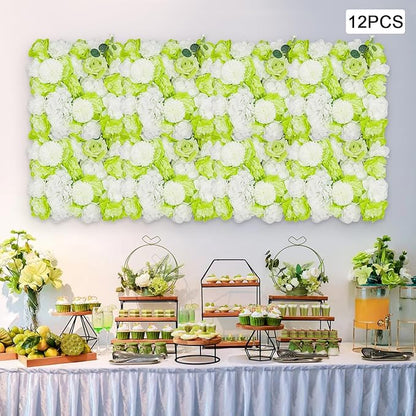 12Pcs Artificial Flower Wall Panel,3D 15" X 15" Silk Rose Mat Artificial Flower Wall,Decorative Backdrop Flower Panels Wall for Wedding Party Stage Baby Shower Decor (Green, White)
