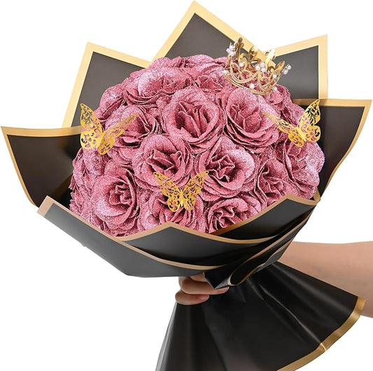 Waipfaru Glitter Roses Bouquet, DIY Fake Flowers Bouquet, Birthday Gifts for Women Mom, 24 Pcs Rose Gold Rose for Wife Girlfriend Valentines, Mothers Day, Anniversary, Graduation
