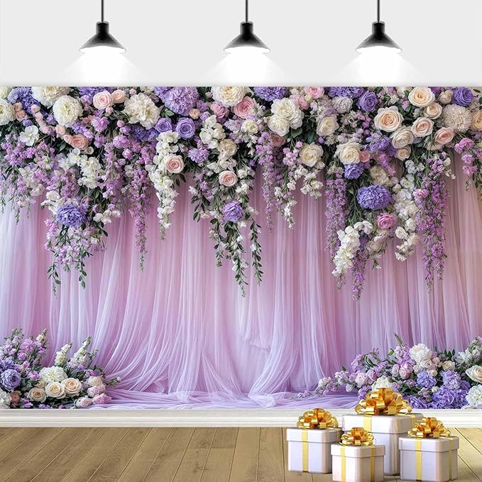 6x6ft Purple Lavender Floral Bridal Backdrop Wedding Flower Photography Backdrop for Girl Portrait Baby Shower Birthday Party Decor Banner Mother's Day Party Wall Backdrop Studio Photo Backgrounds