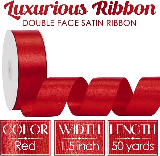 MEEDEE Red Satin Ribbon 1-1/2 Inch Red Ribbon Lux Double Faced Satin Ribbons by 50 Yards Polyester Satin Ribbons for Crafts, DIY Crafts, Weddings, Flower Bouquet, Holiday Decorating