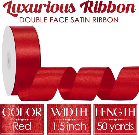 MEEDEE Red Satin Ribbon 1-1/2 Inch Red Ribbon Lux Double Faced Satin Ribbons by 50 Yards Polyester Satin Ribbons for Crafts, DIY Crafts, Weddings, Flower Bouquet, Holiday Decorating
