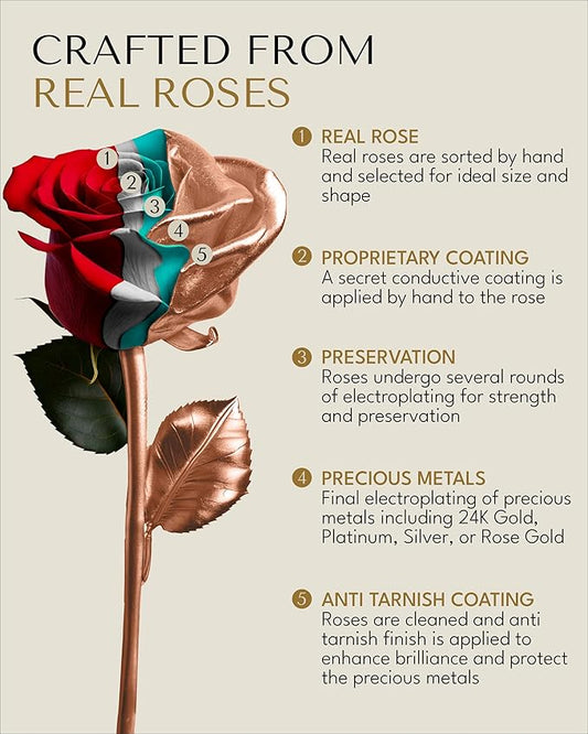 Forever Rose Real Rose Dipped in Rose Gold, Handcrafted Preserved Rose in Clear Glass Bud Vase and Luxury Gold Gift Box, Romantic Gift for Her, Elegant Keepsake for Anniversary, Birthday