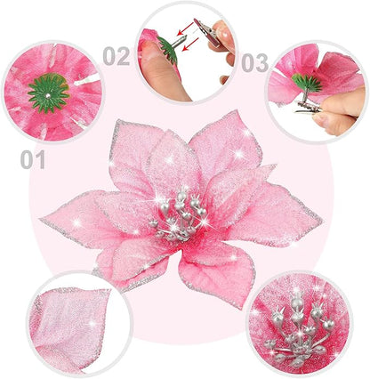 WILLBOND 24 Pcs 3 Size Poinsettia Flower Artificial Christmas Decor Glitter Poinsettia Christmas Ornaments Faux Flowers for Xmas Tree Outdoor(3.2/4/6 Inches,Rose Red)