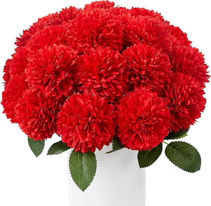 SITUMEIZI 12 Pcs Red Flowers Artificial Chrysanthemums Ball Flower Fake Mums Silk for Spring Wedding Home Kitchen Christmas Decoration Floral Arrangement Table Centerpiece