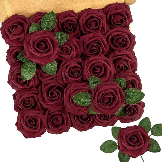 N&T NIETING Artificial Flowers, 25Pcs Fake Flowers Roses Perfect DIY Wedding Bouquets Centerpieces Bridal Shower Party Valentine's Day Home Flower Arrangement Decorations, Dark Red