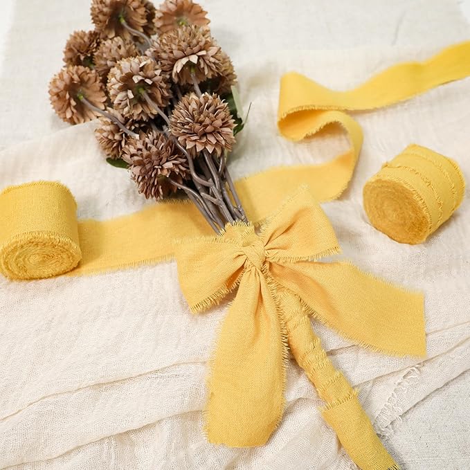 Keypan Yellow Ribbon 1-1/2 x 15 Yards Handmade Cotton Frayed Fringe Fabric Ribbons for Crafts Flower Bouquets Wedding Baby Shower Home DIY Decor
