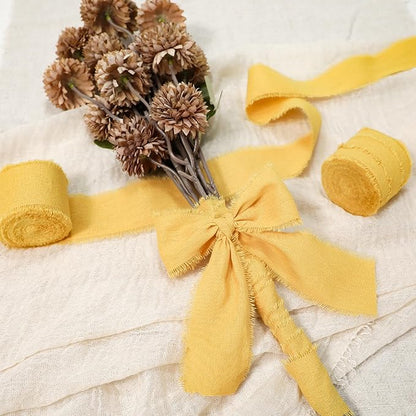 Keypan Yellow Ribbon 1-1/2 x 15 Yards Handmade Cotton Frayed Fringe Fabric Ribbons for Crafts Flower Bouquets Wedding Baby Shower Home DIY Decor