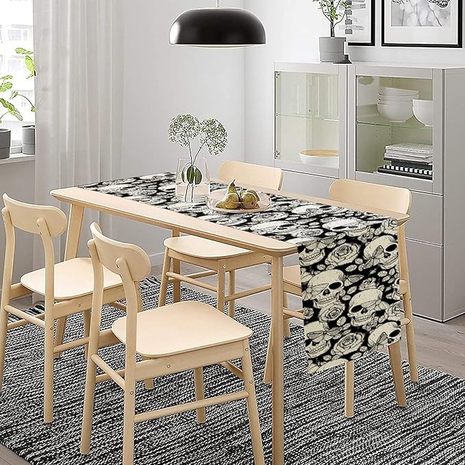 Gothic Table Runner,Black White Skeleton Flower Moth Print Table Runner for Home Kitchen Table Dining Garden Farmhouse Wedding Party Decor 13x70 Inch