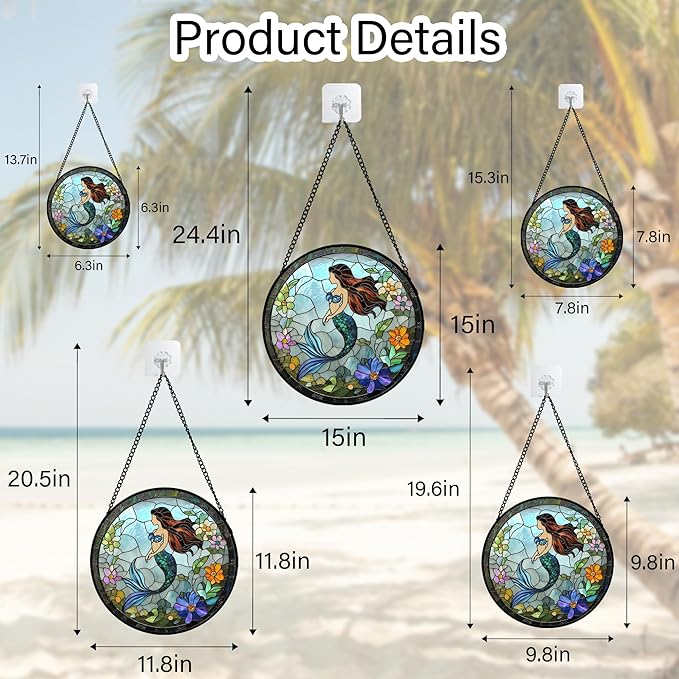 Stained Glass Window Hanging - Light Blue Mermaid Suncatcher for Door Terrace Garden Home Decor, Ocean Flowers Sun Catcher Birthday Gifts for Lovers Women Men Dad Mom Nana 11.8 in