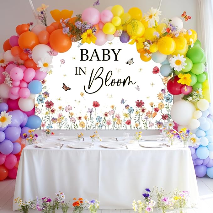 Avezano Wildflower Baby in Bloom Backdrop Banner Wildflower Baby Shower Party Decorations for Girls Gold Glitter Butterfly Spring Floral Newborn Party Supplies (7x5ft)
