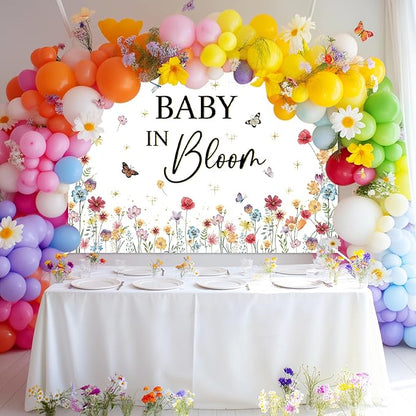 Avezano Wildflower Baby in Bloom Backdrop Banner Wildflower Baby Shower Party Decorations for Girls Gold Glitter Butterfly Spring Floral Newborn Party Supplies (7x5ft)