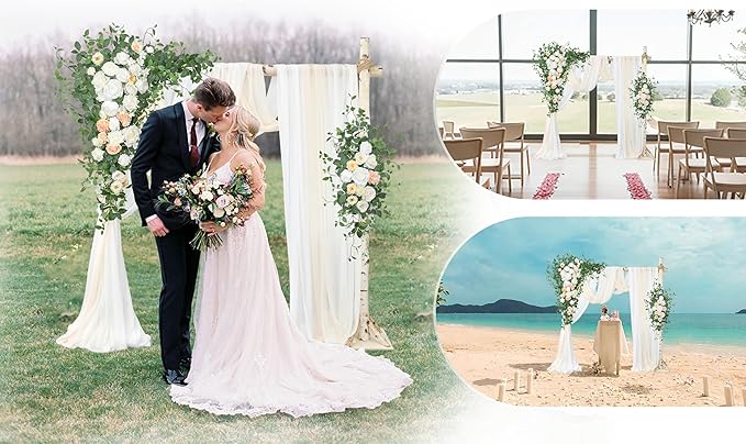 Ting's time Wedding Arch Flowers Kit (Set of 5)-2 Pcs Hanging Flower Arrangement 3 Pcs Chiffon Drapes for Wedding Ceremony Arbor and Reception(Champagne&White)