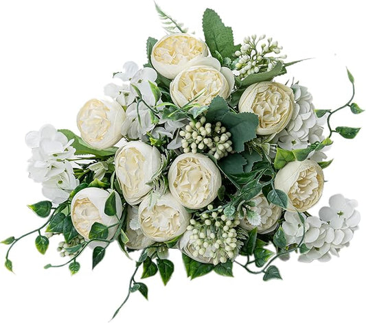 KAOYOO 4 PCS Artificial Peony Bouquet Short Stem for DIY Wedding Decoration Bridal Bouquet Home Decorations(White 4-PCS)