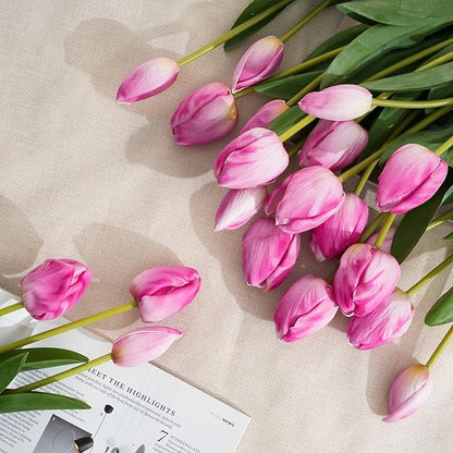 Real Touch Artificial Tulips, 20pcs Fake Tulip Flower Stem, PU Faux Tulip 19.7” for Mother's Day Easter Valentine's Gift, Home Decor Wedding, Table Centerpiece Floral Creation, Pinkish Purple